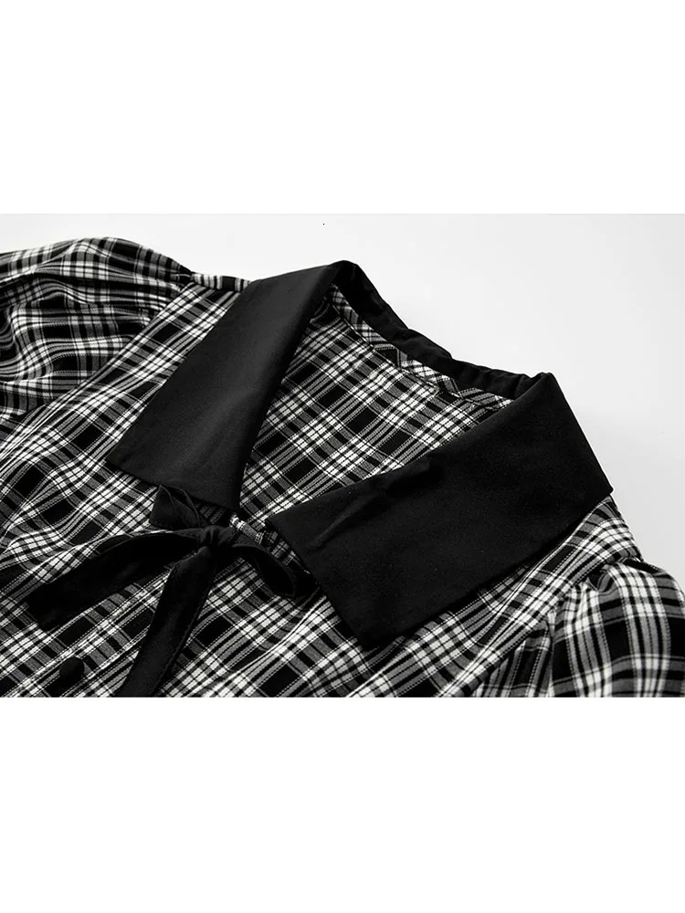 French Elegance Checkerboard Plaid Frocks Thin Turn Down Collar Bow A-Line Office Lady Summer Casual Clothing Streetwear