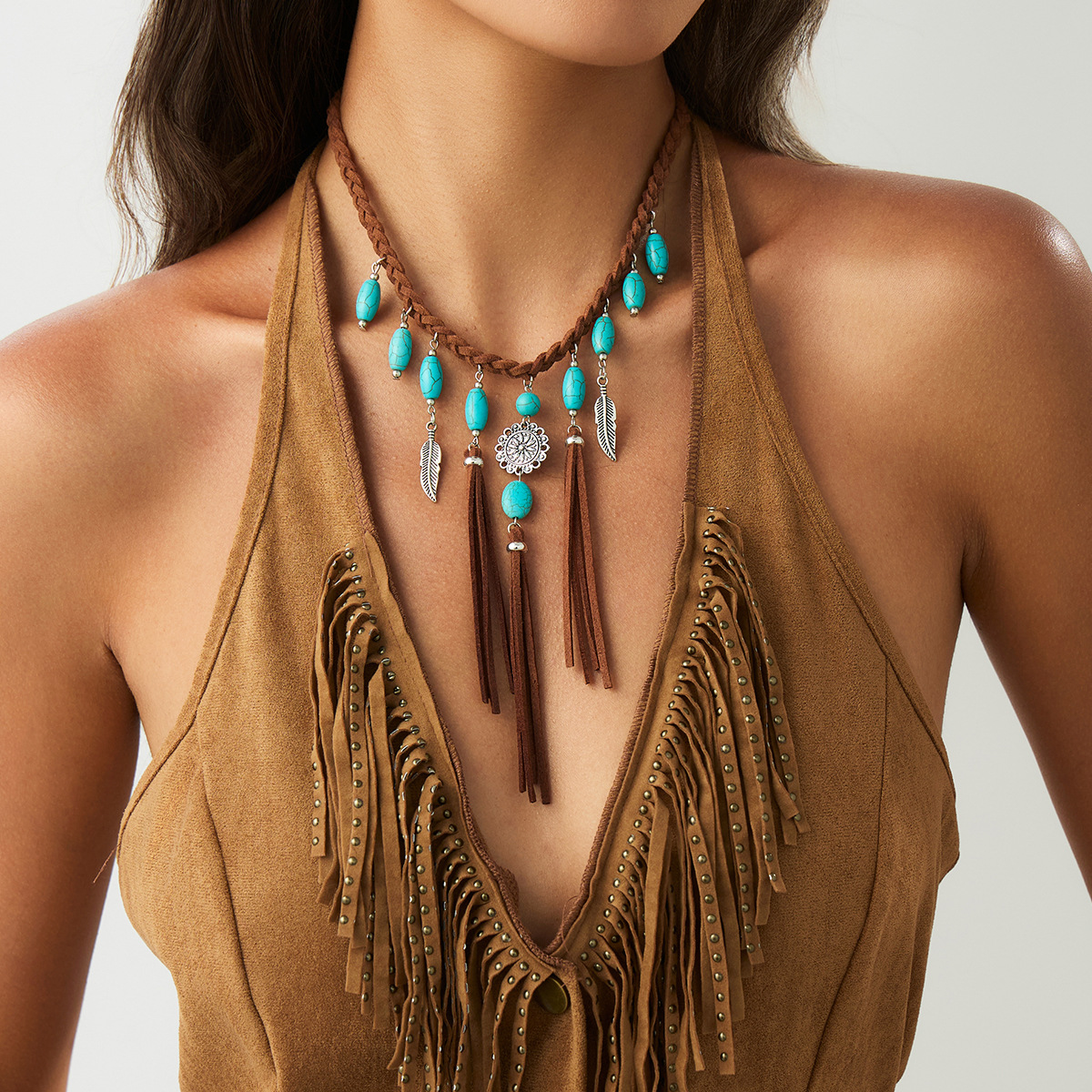European and American style Bohemian inspired Ethnic Flannelette woven Tassel Necklace with Turquoise Pendant for a Charming Collarbone Look