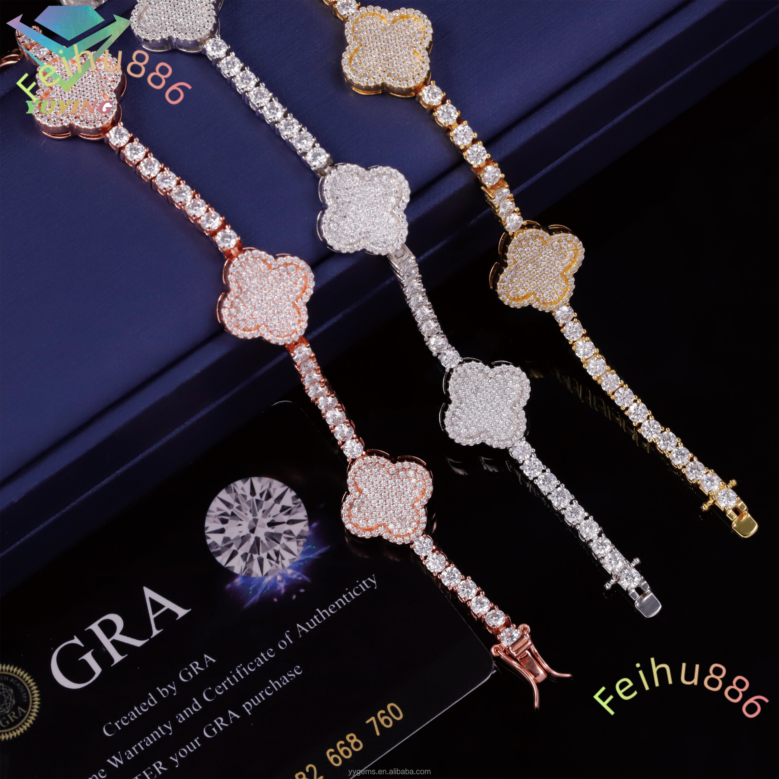 Fashion Four Leaf Gold Plated S925 Silver Mossanite Tennis Link Bracelet Clover Charms Tennis Chain Jewelry Bracelet