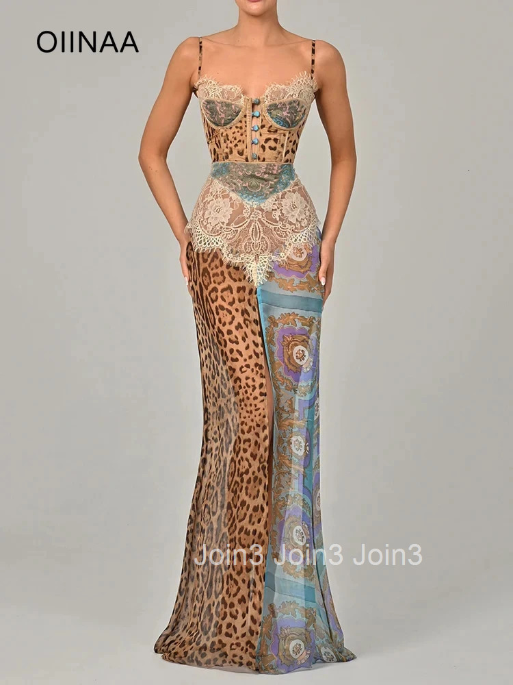 OIINAA Dress for Women Cheetah Print Halter Lace Spliced Dresses Elegant Chiffon Slit Cut Dress Summer Spice Girls Dresses