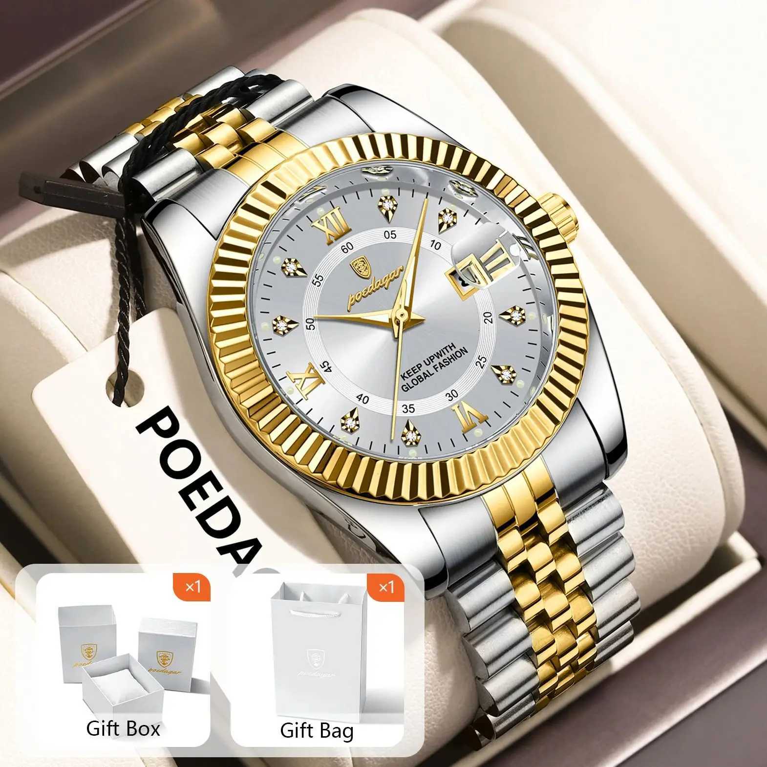 POEDAGAR Luxury Trend Mens Ice Waterproof Luminous Stainless Steel Male Date Quartz Business Mens Wristwatch + Gift Box W250806