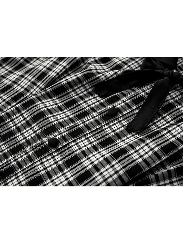 French Elegance Checkerboard Plaid Frocks Thin Turn Down Collar Bow A-Line Office Lady Summer Casual Clothing Streetwear