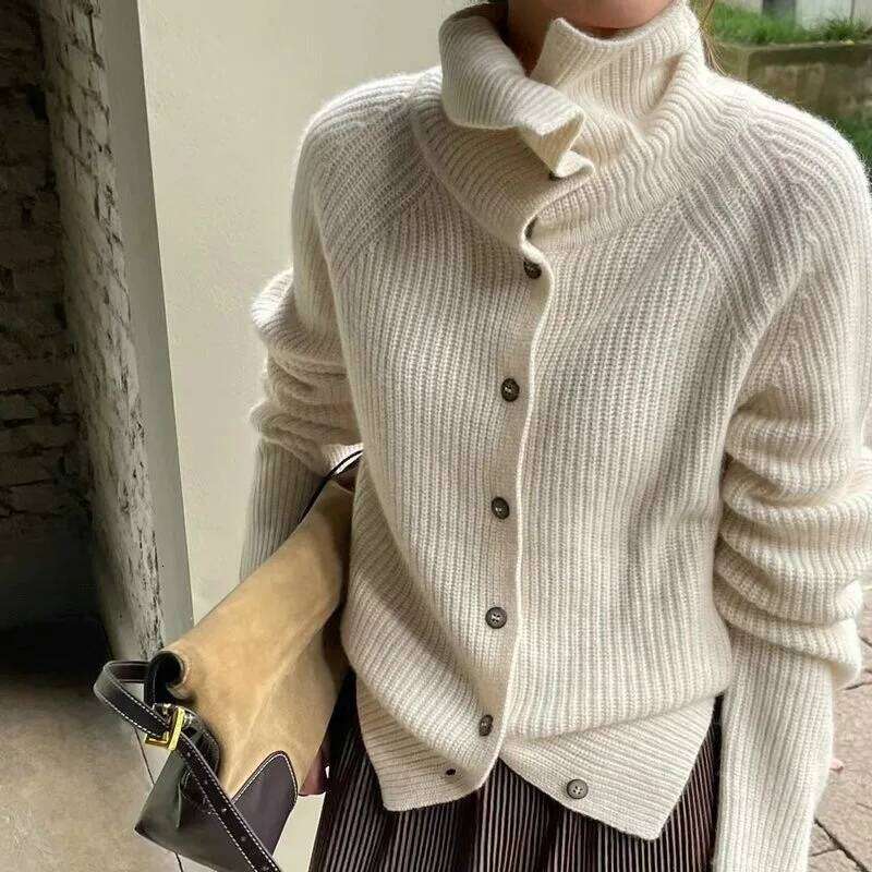 Turtleneck Cardigan Ladies 100% Pure Woolen Autumn And Winter Loose Thickened Cashmere Base Sweater Knitted Coat Tide 250806