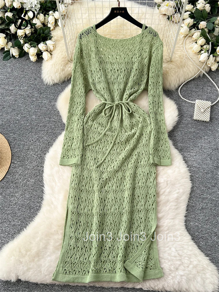 Summer Beachwear Knitting Dress Sets Female Long Sleeves Lace Up Hollow Out Dress+High Elastic Loose Homewear Sundress