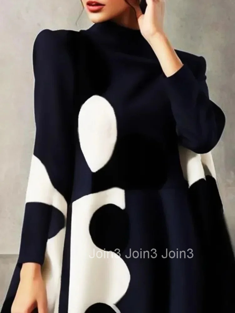 Lemongor New Fashion Black White Polka-Dot Elegant Mini Dresses for Women Autumn Long Sleeves High-neck A-Line Party Dress