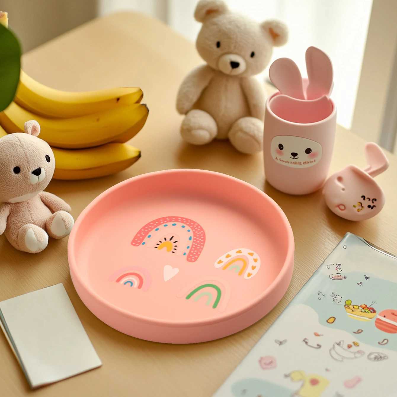 1PCS Baby Silicone Plate Cute Pattern Baby Tableware Dinosaur Rainbow Cat Pattern Baby Dishes Feeding Training Baby Shower Gift X250806