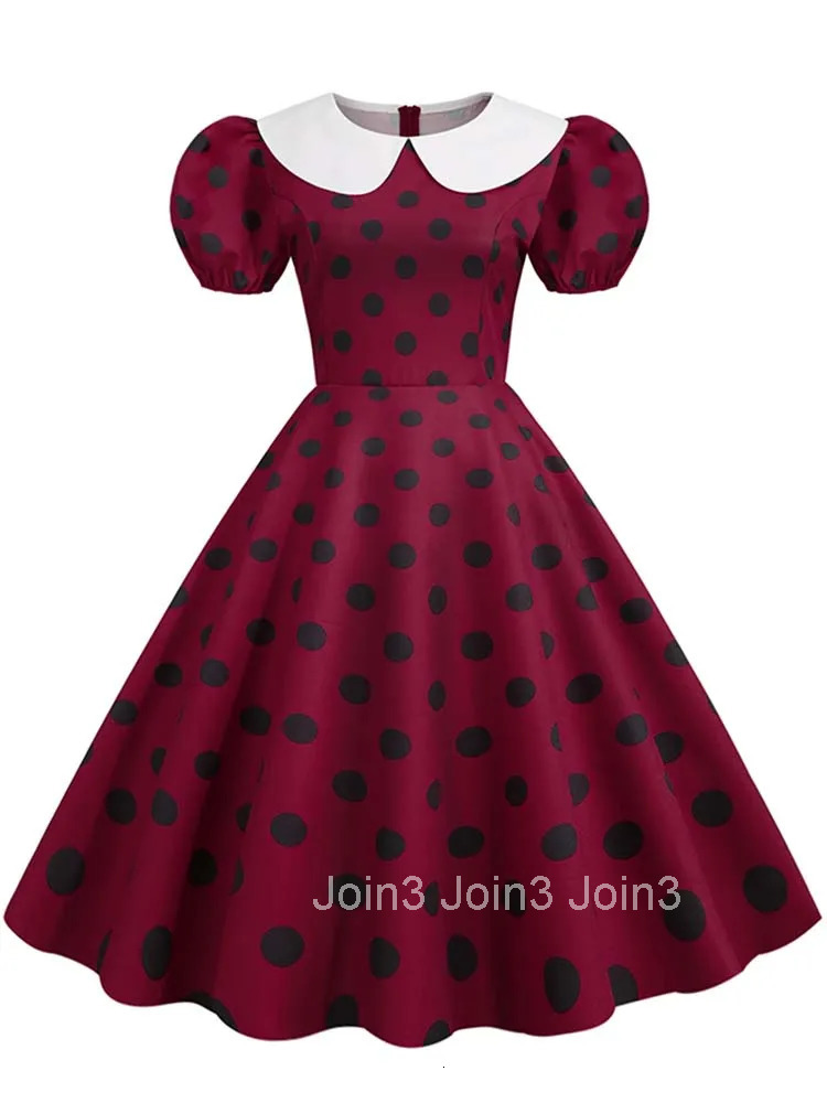 Peter pan Collar Elegant Women Summer Dress Puff Short Sleeve Polka Dot Vintage Dress A-line Midi Party Sundress