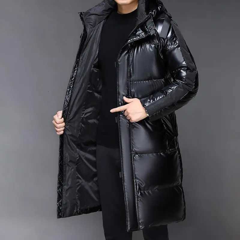 2025 Winter Mens Casual Long-Length Duck Down Jackets Black Color Shiny Warm Puffer Coats Windproof Thick Padded Parkas W250806