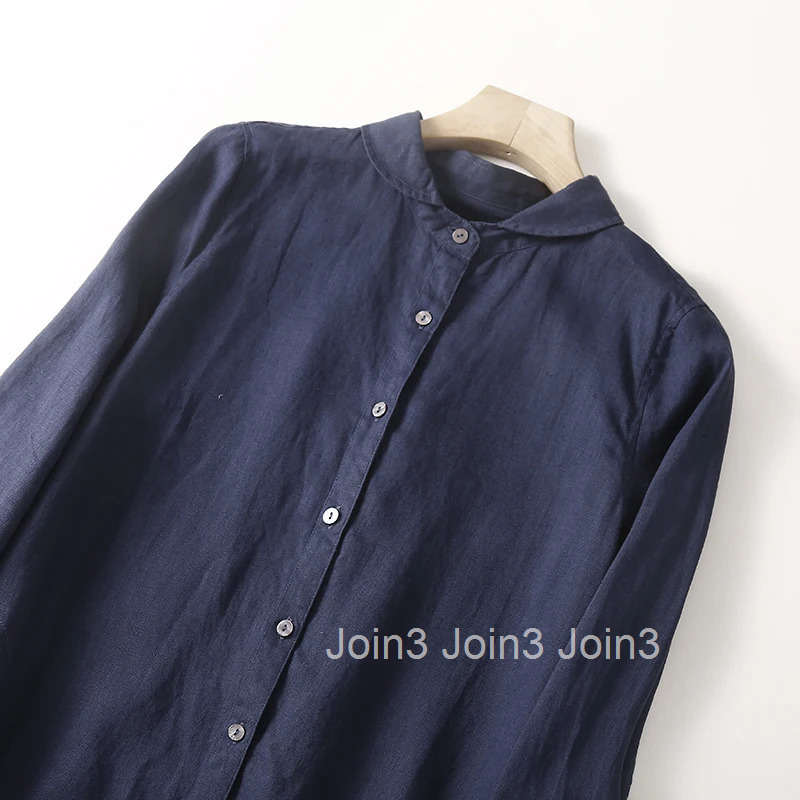 Women Long Dress Navy Blue Loose Casual Long Sleeve Cotton Linen Shirt Dress Autumn Oversize Elegant Office Lady T012