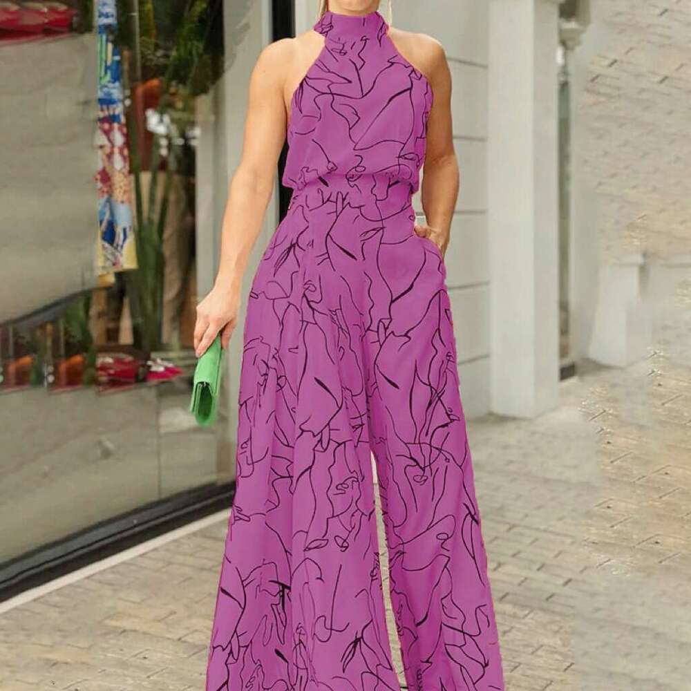 Spring Women's Elegant High-Waisted Sleeveless Round Neck Sexy Wide-Leg Jumpsuit B5