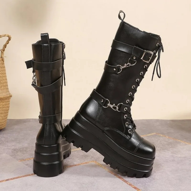 Plus Size 43 Autumn Women Boots Buckle Round Toe Wedges Platform Punk Goth IN Street Shoes Combat for 250801