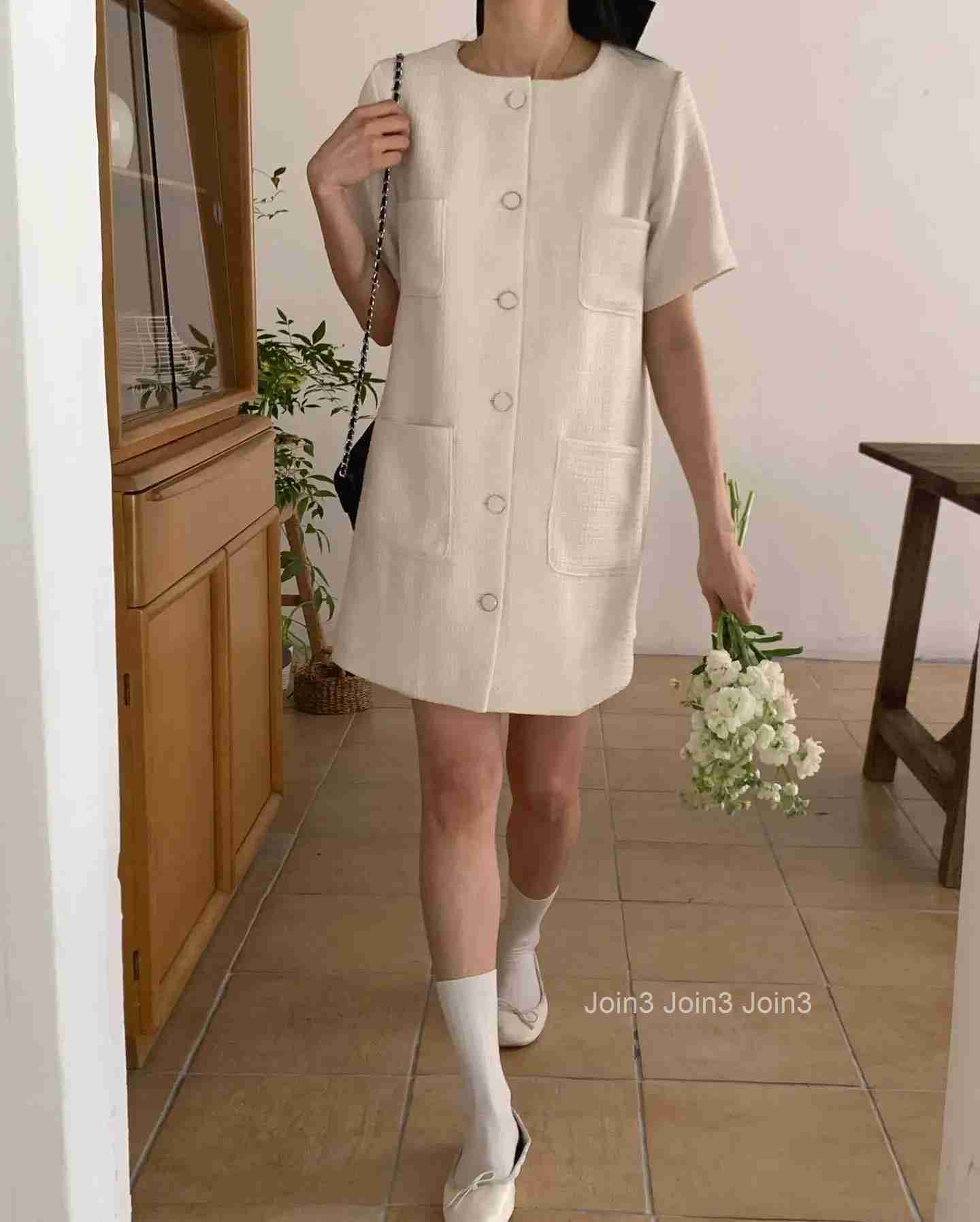 New Spring Summer Sweet Tweed Short Dress Round Neck Short Sleeve Korea Chic Women Dress Button Fashion Female Clothing