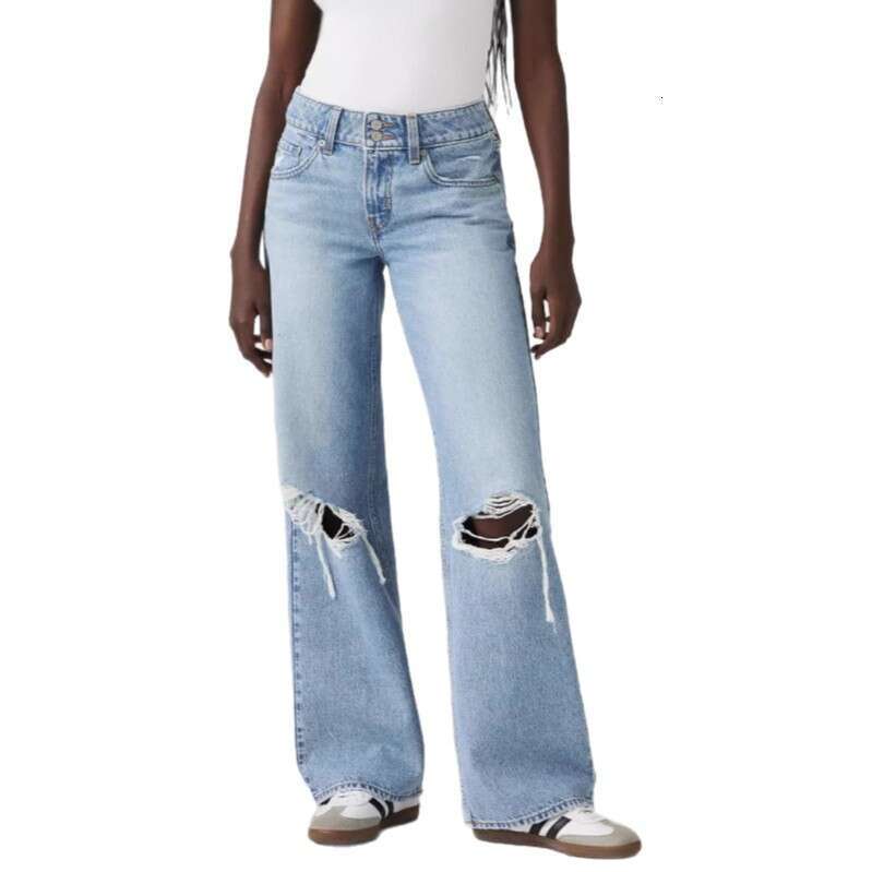 New Knee Ripped Jeans for Women Light Washed Casual Straight Loose Versatile Long Pants