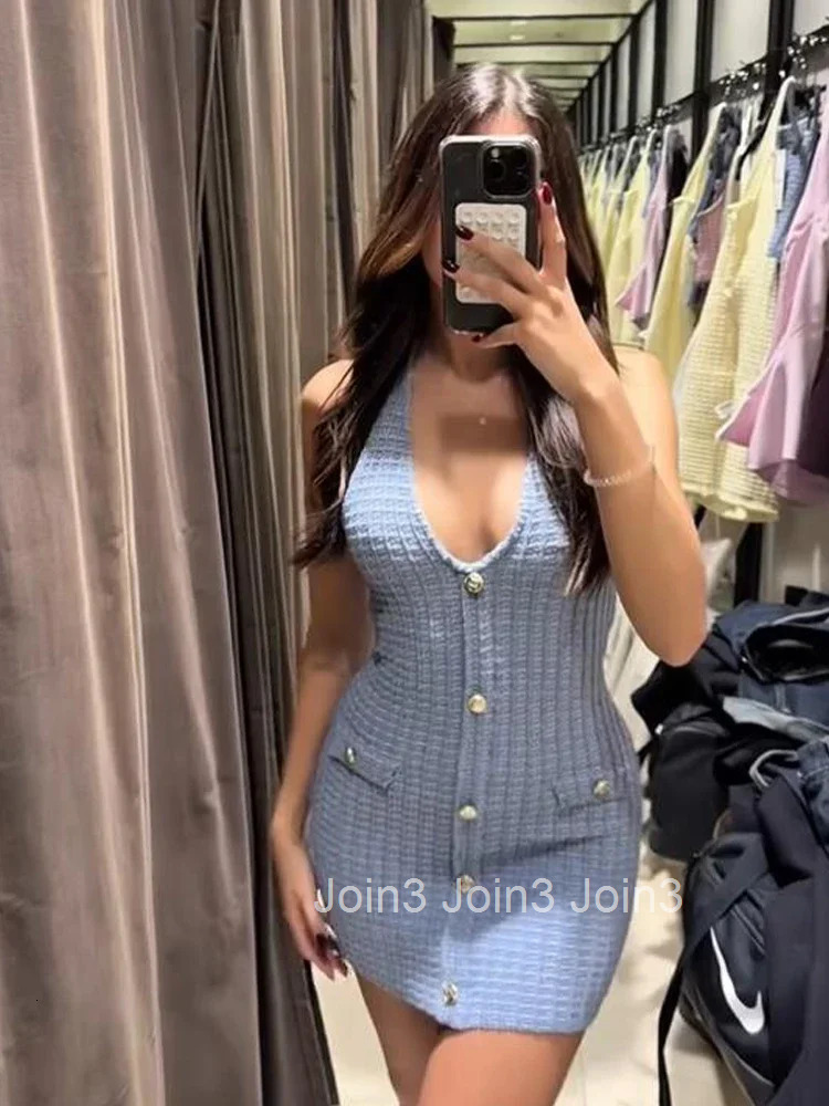 Fashion Tweed Knitted Halter Mini Dress For Women Y2K Slim Sleeveless Backless Bodycon Dress Summer Vacation Party Chic Vestidos