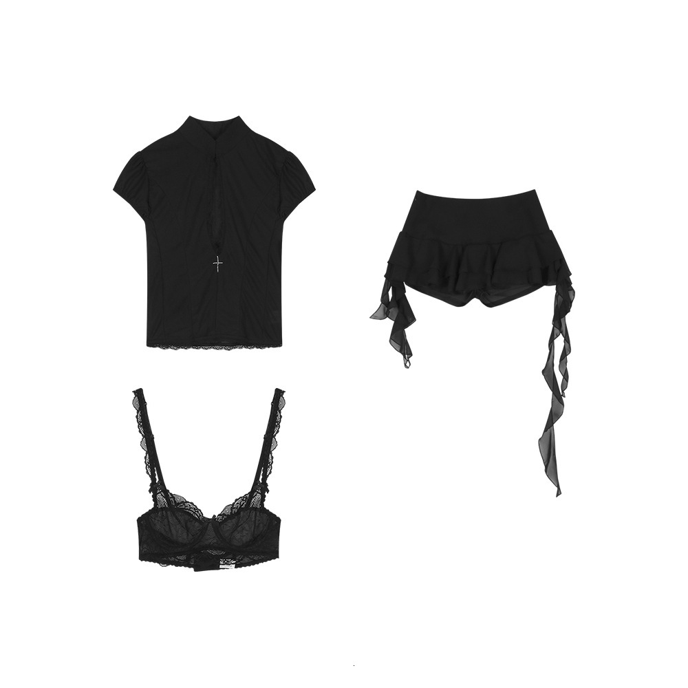 Spicy Girl Black Mesh Long Sleeve T-Shirt Top with Lace Bra for Women Summer Half Skirt Three-Piece Set
