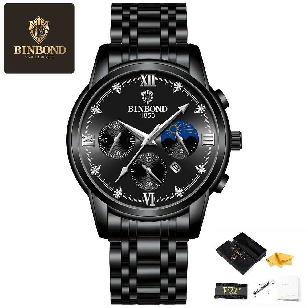 BINBOND New Mens Top Luxury Business Waterproof Luminous Hands Display Date Stainless Steel Strap Quartz W250806