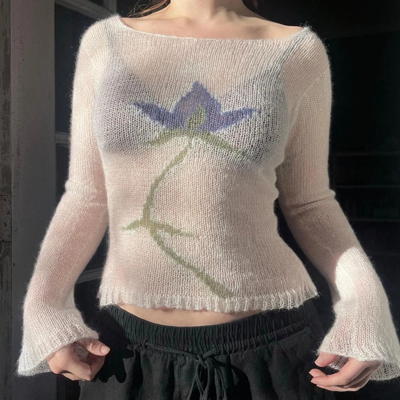 Flower Long Sleeve Knitted Crop Tops Aesthetic See Through Sweater Tees 90s Vintage Y2k Gyaru Crop Tops Jumpers Cottage Clothes 250806