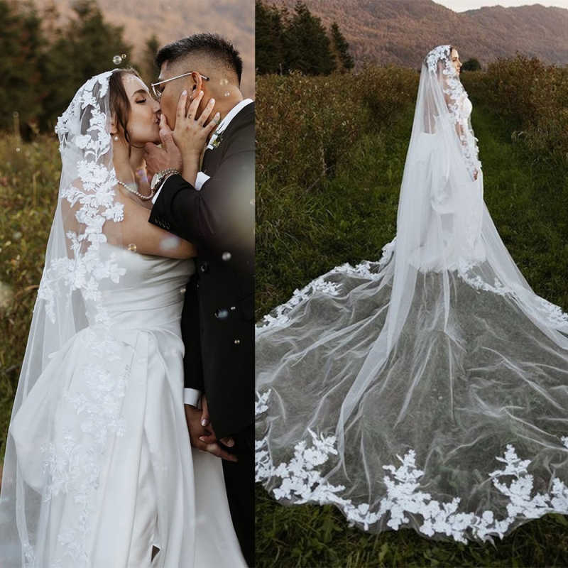 Cathedral Embroidered Flowers Bridal Veils One Layer Tulle Appliqued Bridal Veil With Comb Wedding Accessories