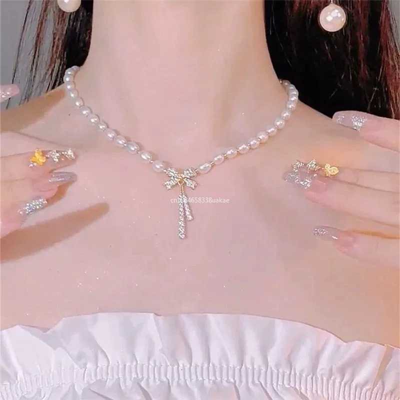 Coquette Aesthetic Pearl Necklace Korean Fashion Choker Bow Necklace Heart Pendant Y2K Accessories Cool Girl Hip Hop Jewelry Y250805