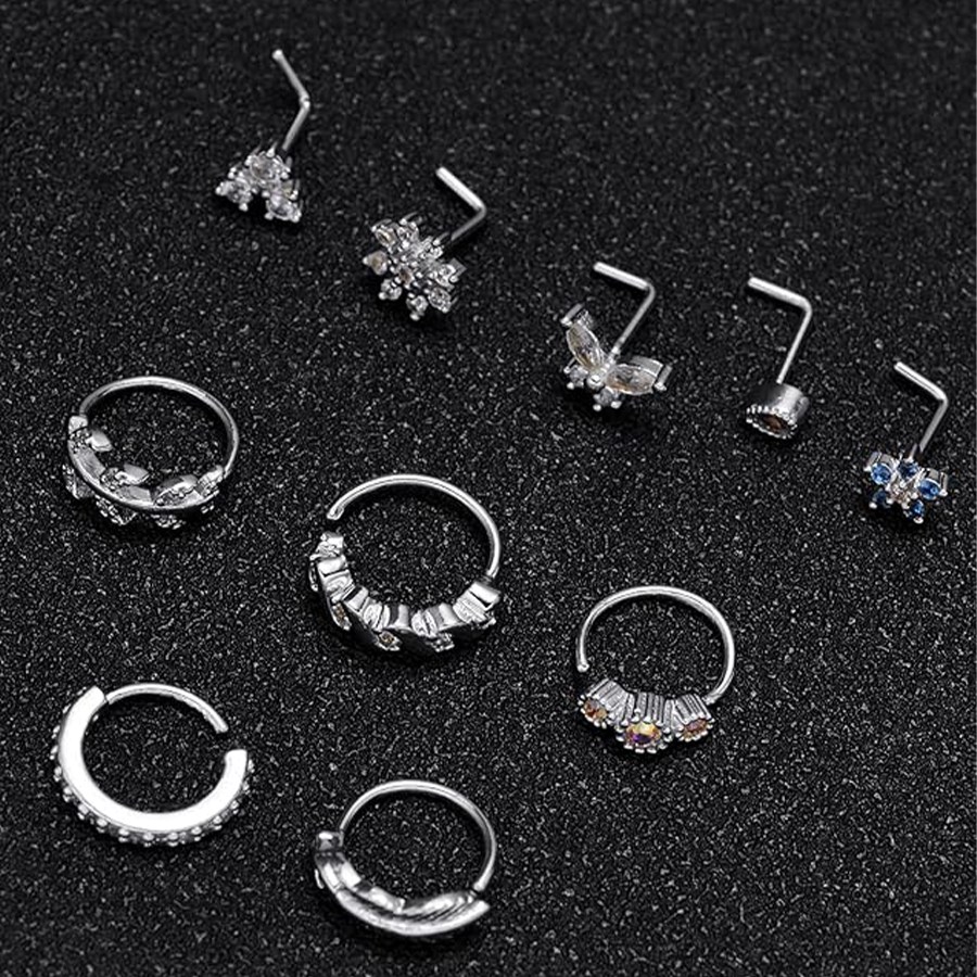 10Pcs Nose Ring Hoop Paved Flower Leaf Butterfly Feather CZ Cartilage Earrings Nose Piercing Jewelry for Women Men Silve Tone 20G