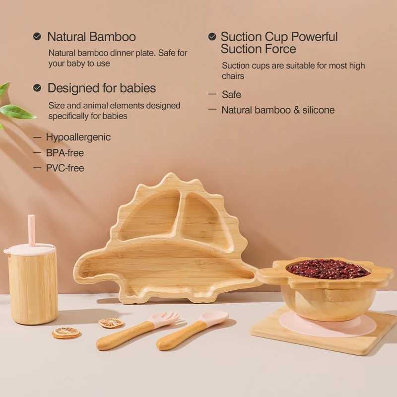 Baby Bamboo Wooden With Silicone Suction Tableware Children Cartoon Dinosaur Feeding Bowl Spoon Fork Set Kid Feeding Accessories X250806