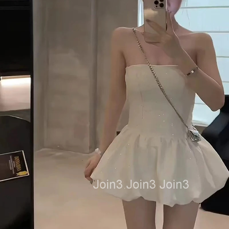 Fashion Sequin Sleeveless Puff Dress Y2K Summer Sexy Tube Top Slim Mini Dress Korean Elegant Patchwork Party Night Vestidos