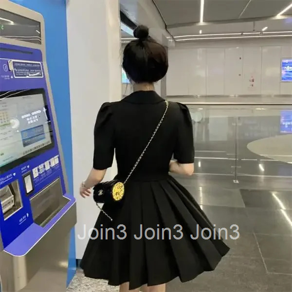 Elegant Asymmetrical Suit Dress Womens Summer Hot Sale Of The Season Waist-Cinching Slimming Pleated Bubble-Sleeve Short Dress