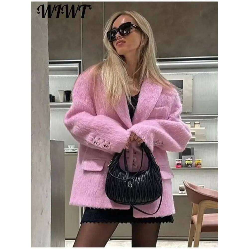 Pink Lapel Woolen Plush Coats Women Elegant Long Sleeve Button Office Lady Blazer Jacket Winter Fashion Packet Loose Coat