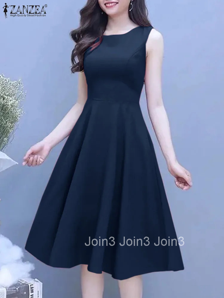 Vintage A-line Party Robe Women Sleeveless Basic Dress Summer Solid Tank Vestidos Elegant Collect Waist Midi Dresses