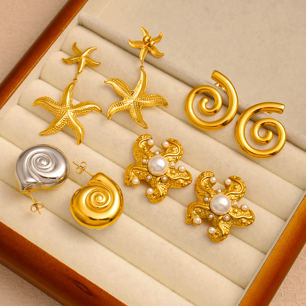 Free Shipping Designer Luxury Jewelry Beach Vacation Starfish Conch Earrings 18k Gold Stainless Steel Summer Fashion Studs Ocean Style Ear Accessories