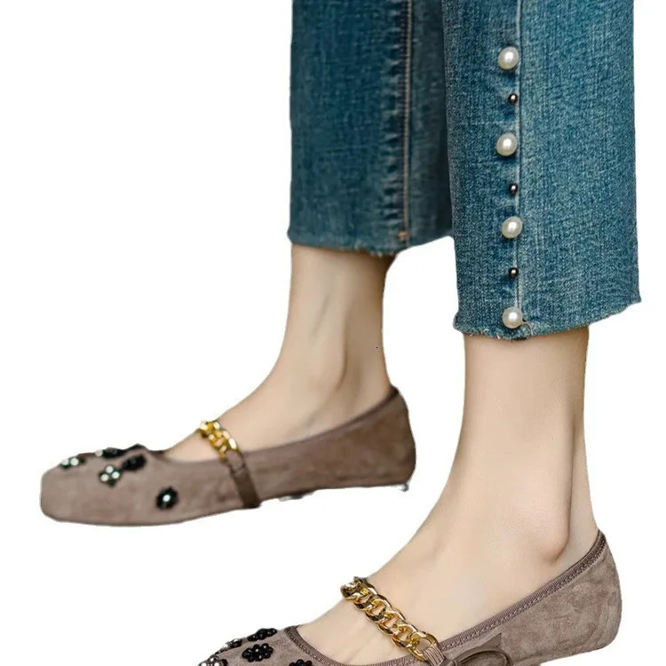 Casual Woman Shoe Square Toe Metal Chain Female Footwear Low Heels Pearl Decorateion Soft Retro Buckle Dress Beading 250731