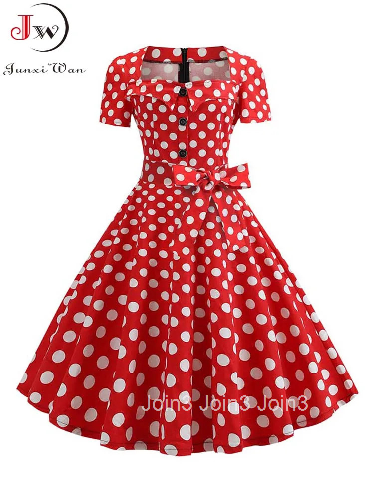 Womens Polka Dot Summer Midi Dress Square Collar Short Sleeve Elegant Vintage Casual Party Holiday Wear