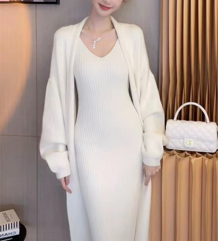Fashion Women's New Set Knitted Camisole Dress Long Sweater Cardigan Coat Two-Piece Thick
