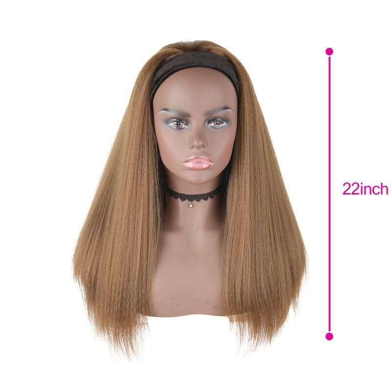 Clip-In Ladies Yaki Black Long Straight Hair Wig Synthetic Fiber Headband Headbandwig