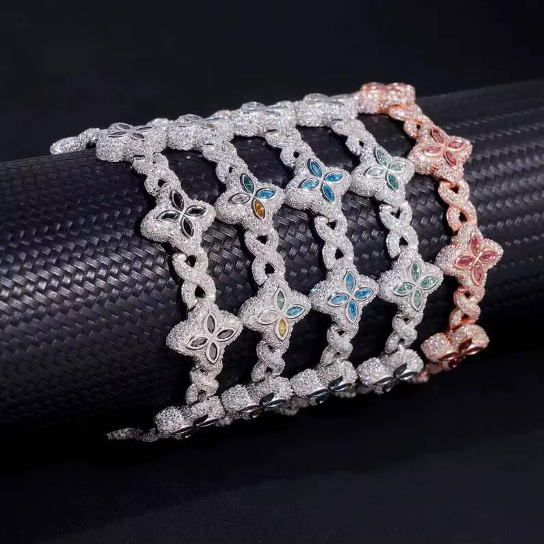 Hot Sale Real VVS Moissanite Clover Leaf Bracelet 925 Sterling Silver Infinity Link Iced Out Moissanite Bracelet for Men Women