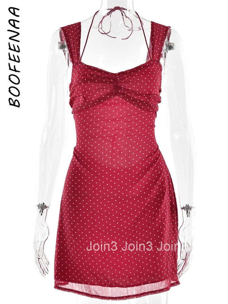 BOOFEENAA Polka Dot Print Chiffon Summer Dress for Women Sexy Lace Up Sleeveless Backless Mini Dresses Elegant C92-CG16