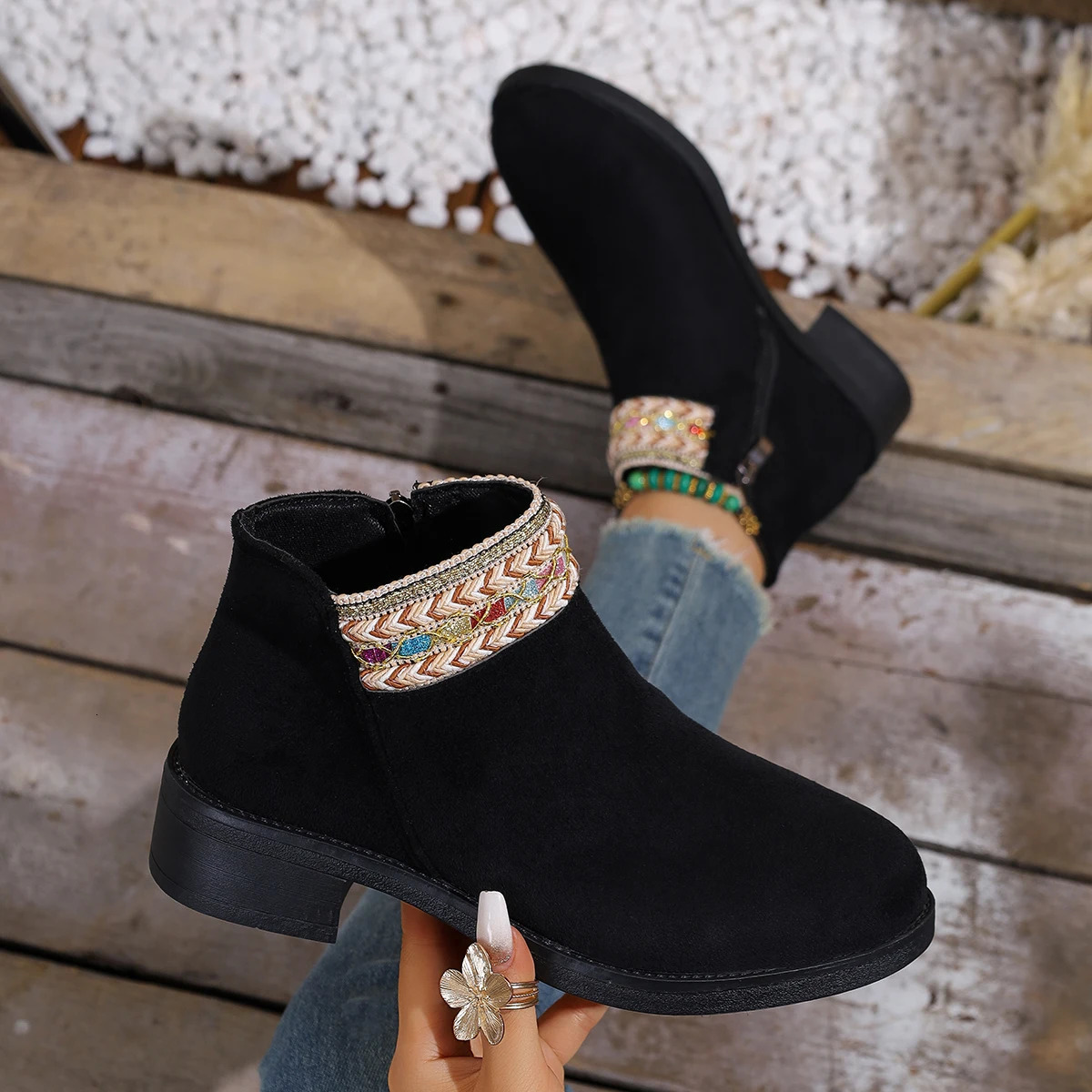 Womens Shoes Rhinestone Short Boots Round Head Chunky Heel Shoes Side Zip Tassel Pendant Comfortable Non-slip Party High Heels 250805