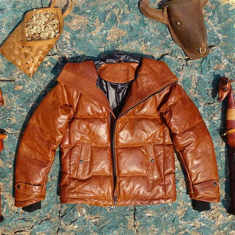 Hooded Oblique Zipper Horseshoe Sleeves Imported Wax Beeswax Color To Make Old Horse Leather Mens Down Jacket. W250806