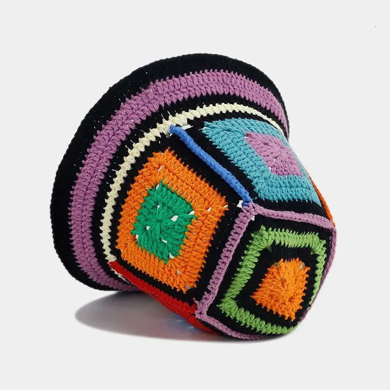 Women Muticolor Crochet Korean Handmade Bucket Hat Women Weaving Knitted Hat Y2k Fashion Flowers Autumn Winter Beanies Basin Cap 250805