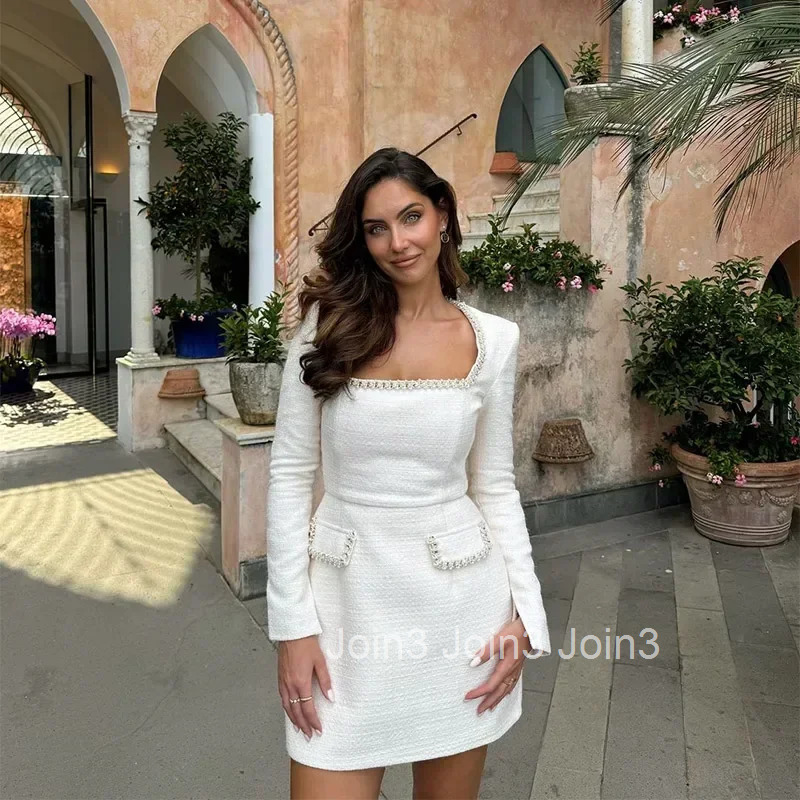Autumn New Elegant Square Collar Mini Dress Womens White Nail Bead Long Sleeve Female Dresses Lady Slim Party Club Vestido
