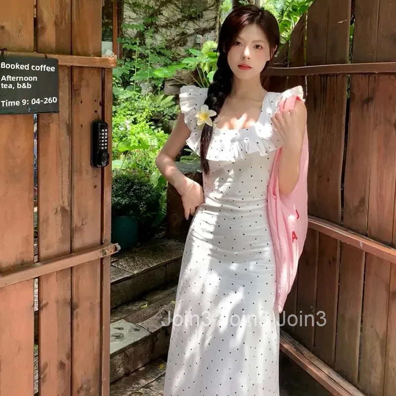 Elegant White Polka Dot Long Dress Womens Summer Hot Sale Of The Season New Small Fly Sleeve Unique Design Waist Cinch French S