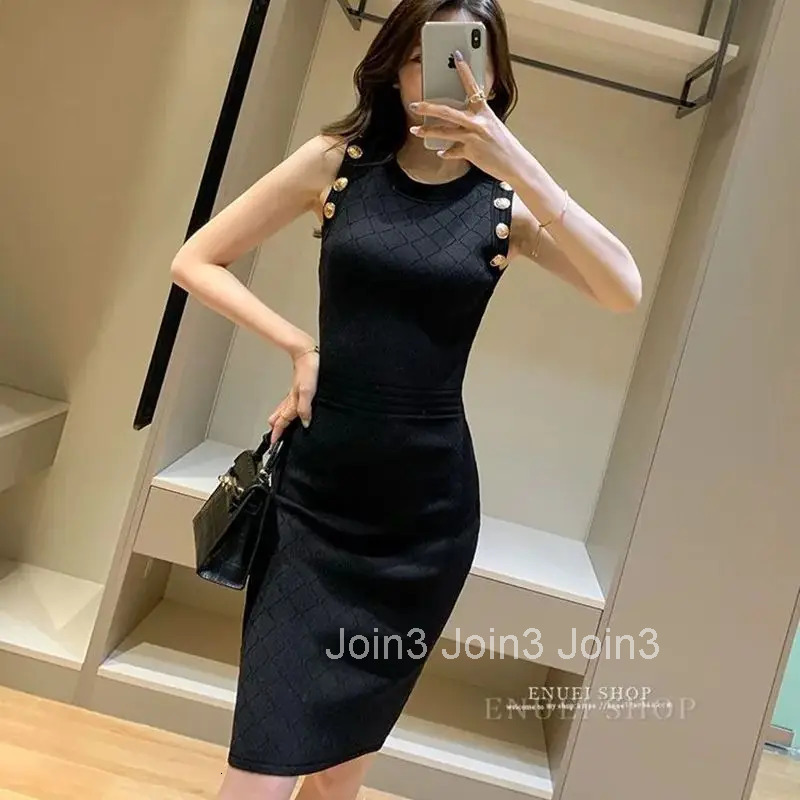 French Elegant Metal Button Knit Dress Sexy Sleeveless Bodycon Party Dresses Fashion Zipper Hollow Out Office Vestidos 336A