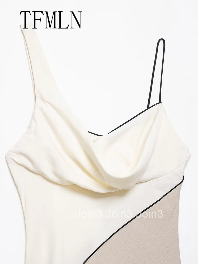 TFMLN Elegant Women Patchwork Slim Strap Dress Summer Pile Collar Sleeveless Beach Party Dress Sexy Asymmetrical Midi Dress