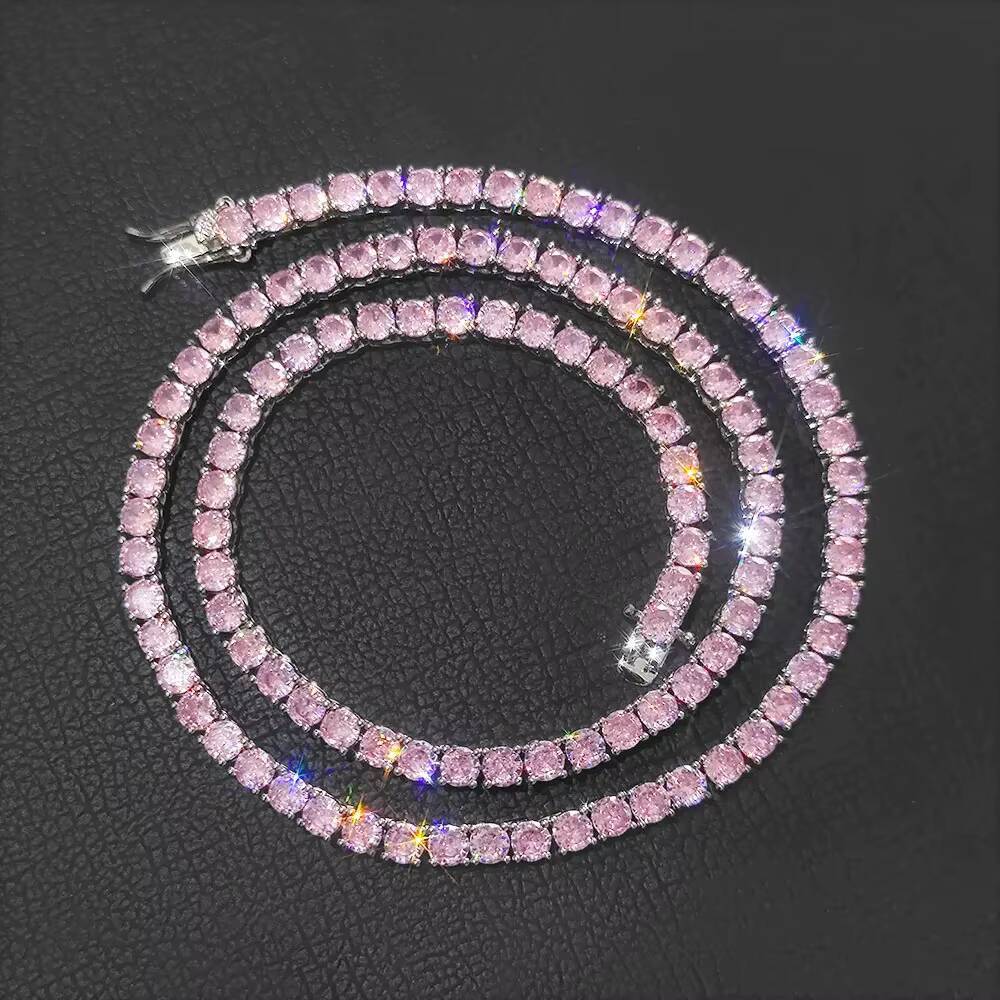 NUOYA Fine Jewelry 4mm Bling Diamond Tennis Chain Single Row Pink Green Zircon Silver Plated Tennis Chain Necklace for Women