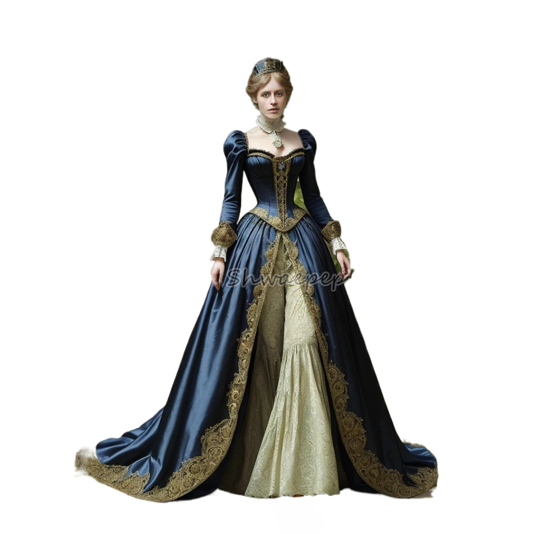 Vintage Victorian Prom Dress Long Sleeves Corset Evening Gown Dark Navy And Champagne A-Line Women Formal Dress Customized