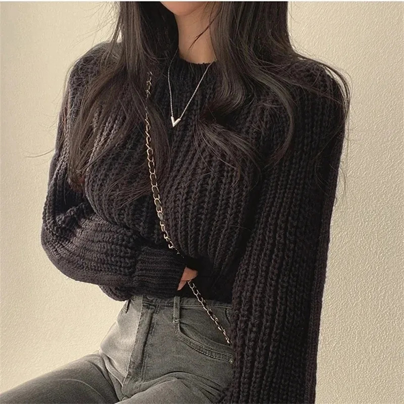 Loose Vintage Harajuku Lantern Long Sleeve Women Sweater Korean Autumn Winter Knitwear Soft Warm Tops Chic Solid Femme Sweater 250806