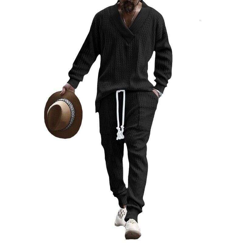 Designer Leisure High Quality Clothing Casual Trousers V Neck Versatile Jacquard Sweater Men's Autumn Suit