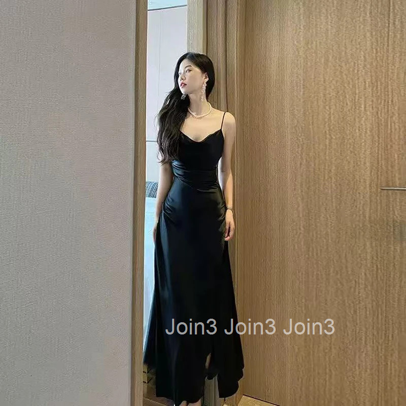 Black Slit Camis Dress Women Summer Sexy Backless Spaghetti Straps Midi Dress Y2K Elegant Satin Sleeveless Party Night Vestidos