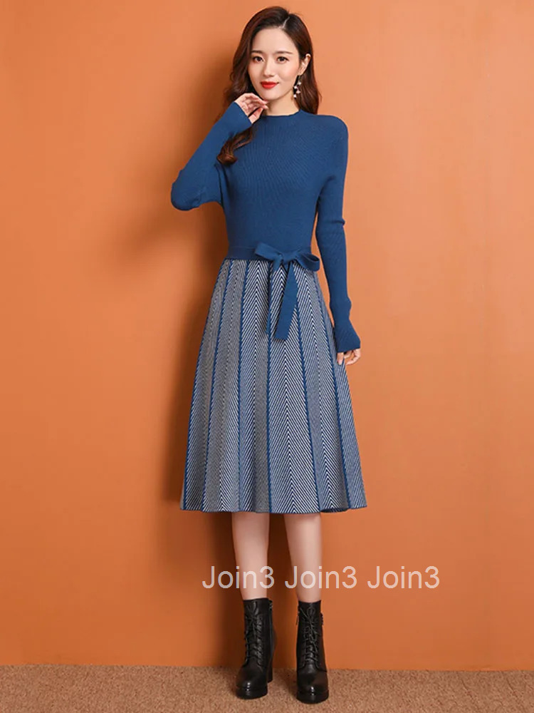 Women Elegant Knitwear Knee Length Vestidos Korean Stripe Knitted Midi Dresses With Belt Spring Fall Slim Long Sleeve Elbise New