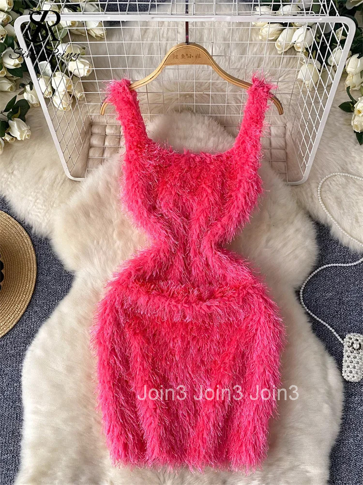 American Sexy Wool Slim Dress Women Spaghetti Strap Square Neck Ins Bodycon Basic High Quality Club Fashion Dress